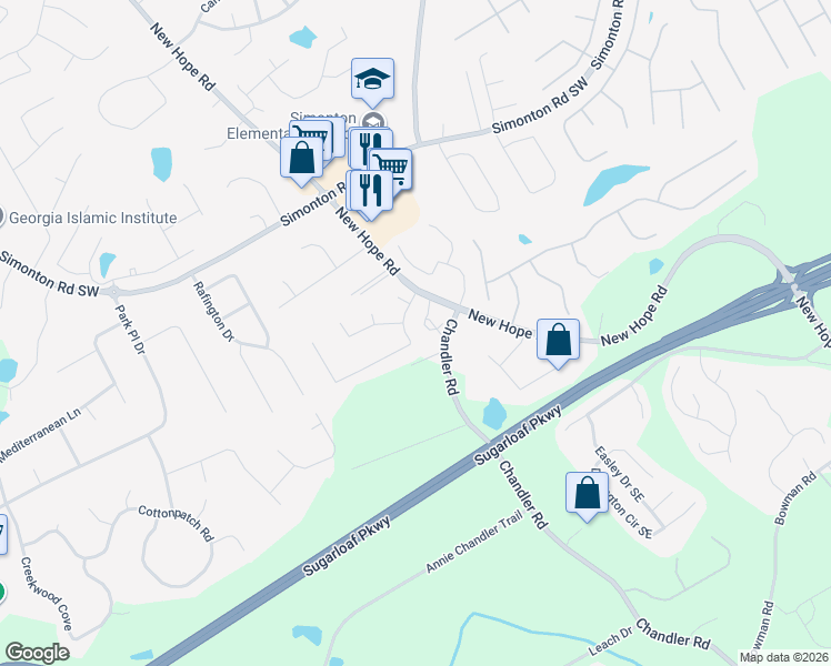 map of restaurants, bars, coffee shops, grocery stores, and more near 1255 Chandler Ridge Drive Southeast in Lawrenceville