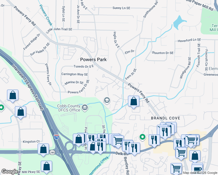 map of restaurants, bars, coffee shops, grocery stores, and more near 2237 Runnymead Ridge Southeast in Marietta