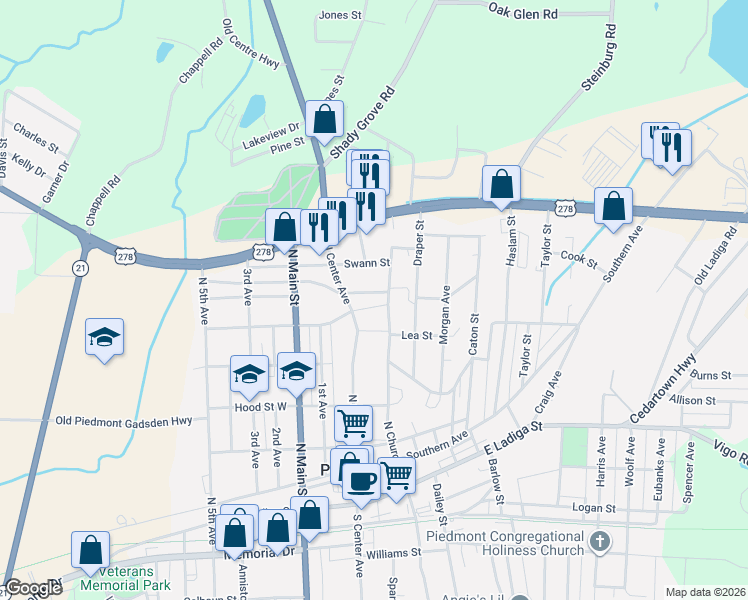map of restaurants, bars, coffee shops, grocery stores, and more near 510 North Center Avenue in Piedmont