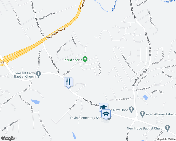 map of restaurants, bars, coffee shops, grocery stores, and more near 798 Still Hill Lane Southeast in Lawrenceville