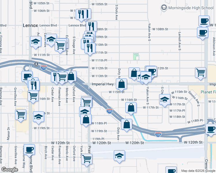 map of restaurants, bars, coffee shops, grocery stores, and more near 3846 West Imperial Highway in Inglewood