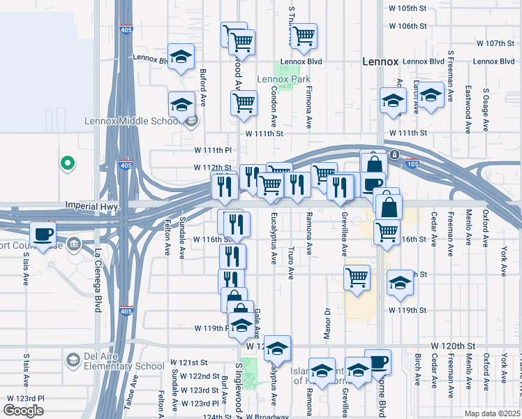 map of restaurants, bars, coffee shops, grocery stores, and more near 11439 Gale Avenue in Hawthorne