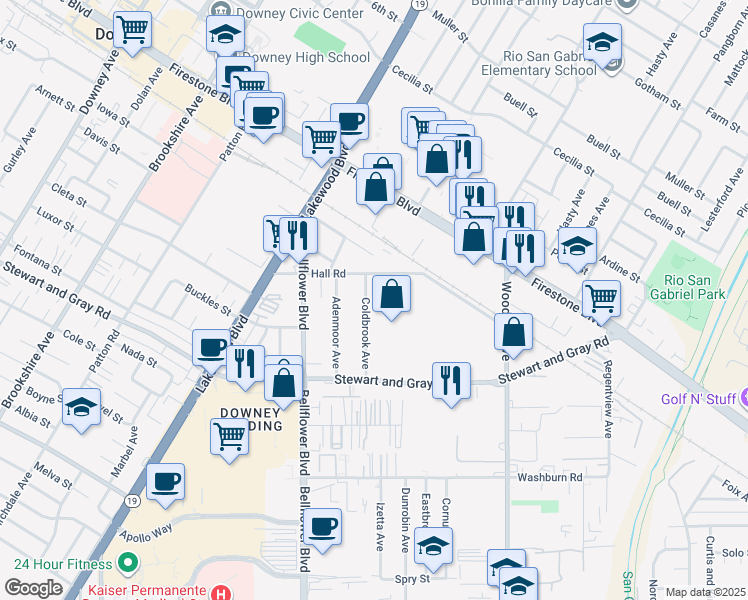 map of restaurants, bars, coffee shops, grocery stores, and more near 11632 Coldbrook Avenue in Downey