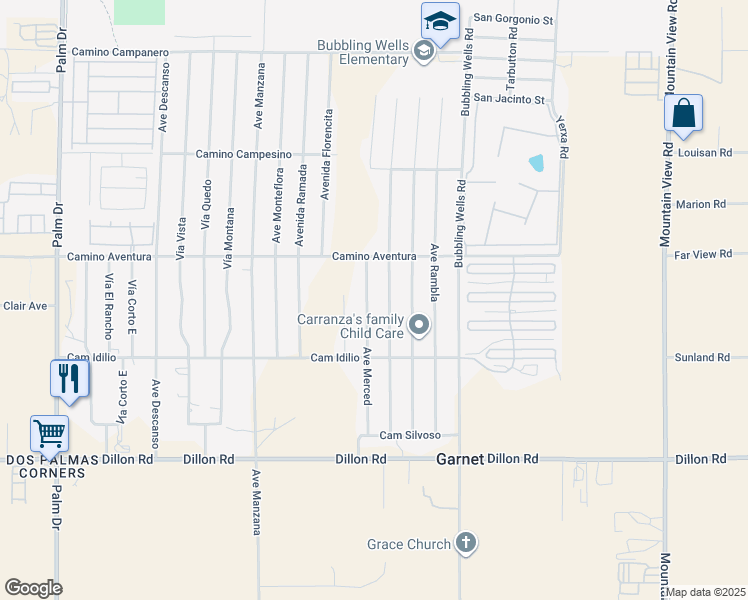 map of restaurants, bars, coffee shops, grocery stores, and more near 16228 Avenue Merced in Desert Hot Springs