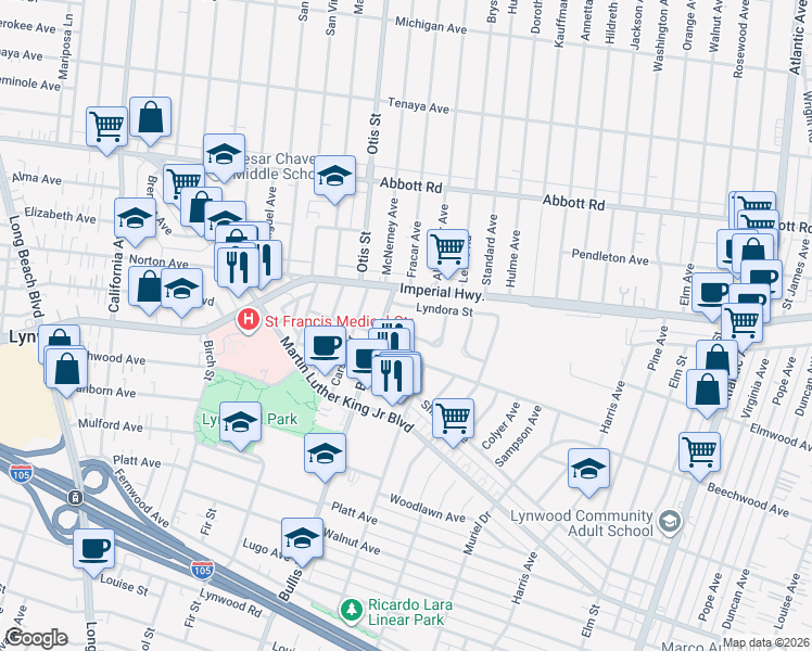 map of restaurants, bars, coffee shops, grocery stores, and more near 3825 Lilita Street in Lynwood