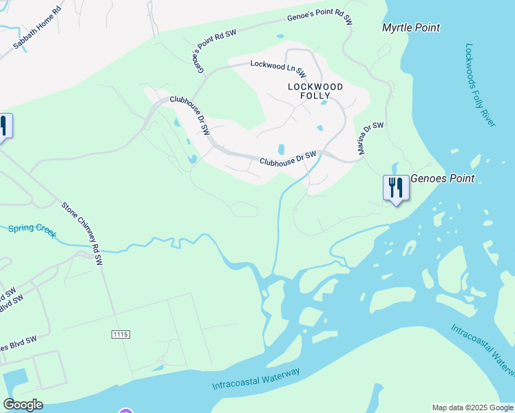 map of restaurants, bars, coffee shops, grocery stores, and more near 3291 Marsh View Drive in Brunswick County