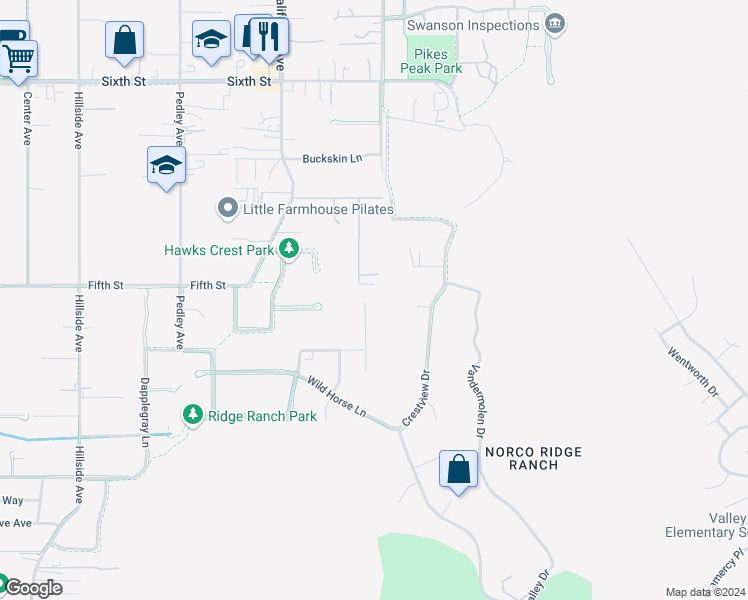 map of restaurants, bars, coffee shops, grocery stores, and more near 3371 Cutting Horse Road in Norco