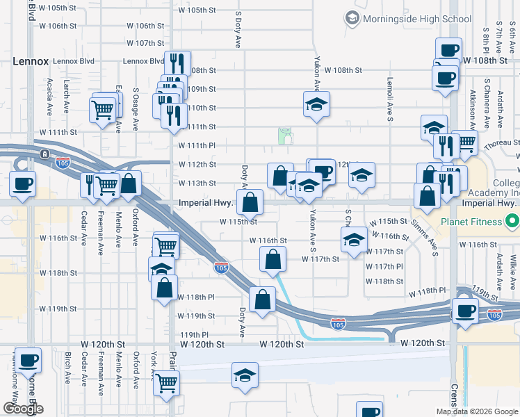 map of restaurants, bars, coffee shops, grocery stores, and more near 3734 Imperial Highway in Inglewood