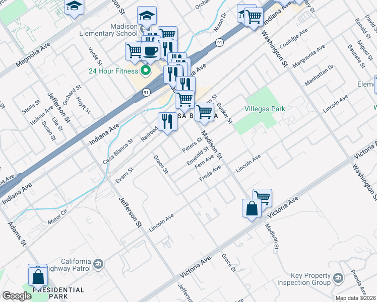 map of restaurants, bars, coffee shops, grocery stores, and more near 7588 Peters Street in Riverside