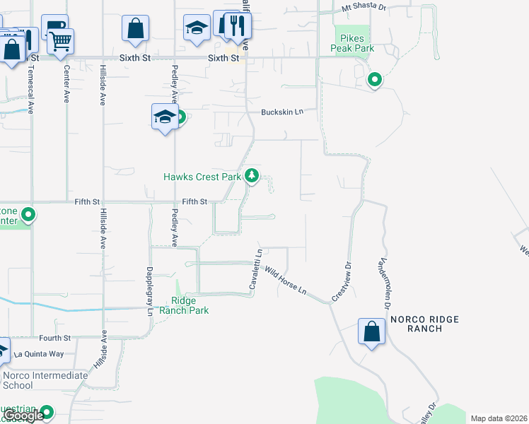 map of restaurants, bars, coffee shops, grocery stores, and more near 245 Pompano Place in Norco