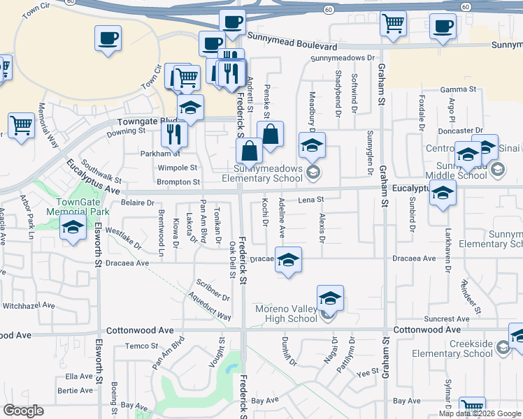 map of restaurants, bars, coffee shops, grocery stores, and more near 13065 Kochi Drive in Moreno Valley