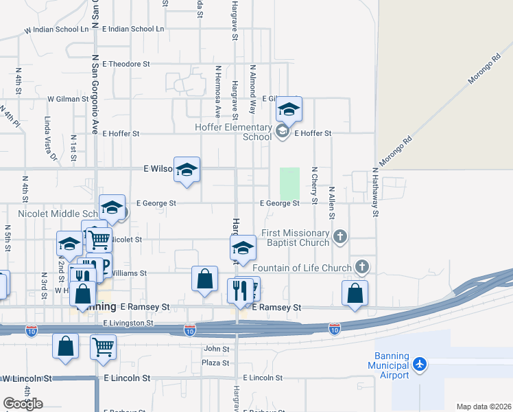 map of restaurants, bars, coffee shops, grocery stores, and more near 582 North Almond Way in Banning