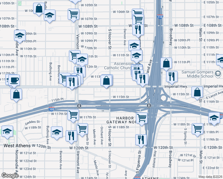 map of restaurants, bars, coffee shops, grocery stores, and more near 11426 South Hoover Street in Los Angeles