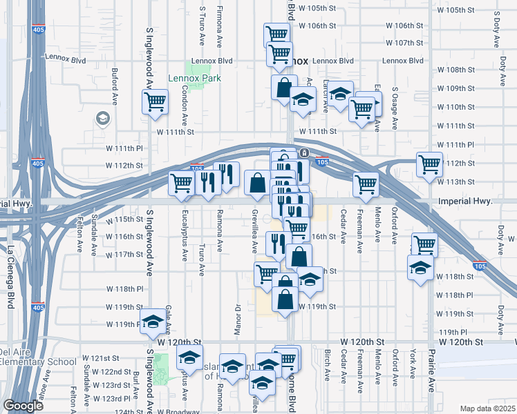 map of restaurants, bars, coffee shops, grocery stores, and more near 4478 West 115th Street in Hawthorne