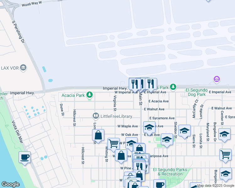 map of restaurants, bars, coffee shops, grocery stores, and more near 315 West Acacia Avenue in El Segundo