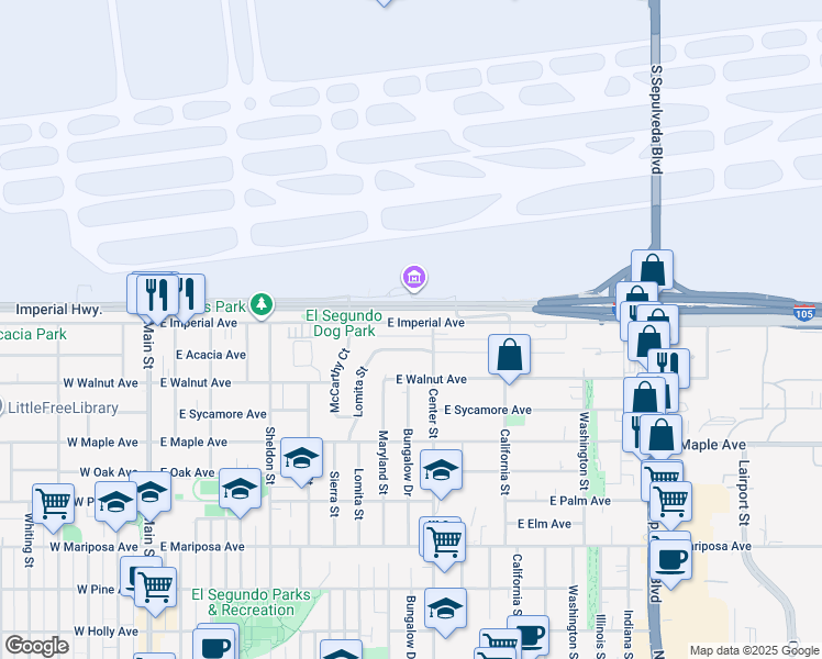 map of restaurants, bars, coffee shops, grocery stores, and more near 1026 East Imperial Avenue in El Segundo