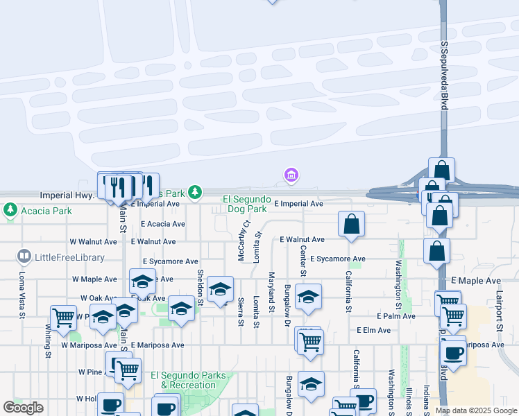 map of restaurants, bars, coffee shops, grocery stores, and more near 910 East Imperial Avenue in El Segundo