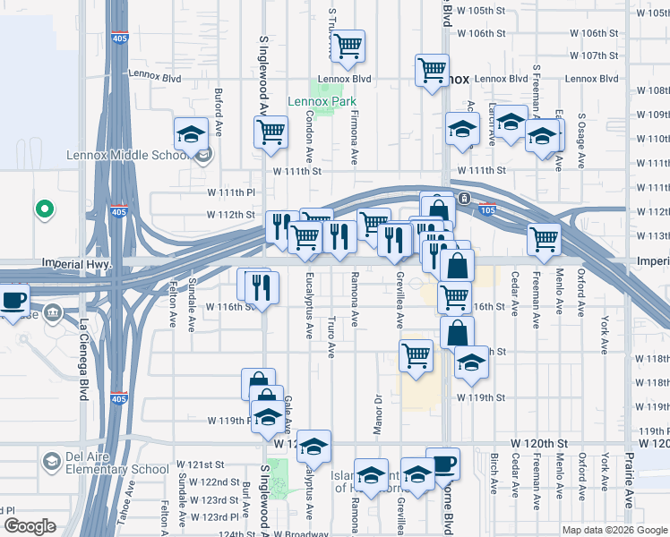map of restaurants, bars, coffee shops, grocery stores, and more near 4640 West Imperial Highway in Inglewood