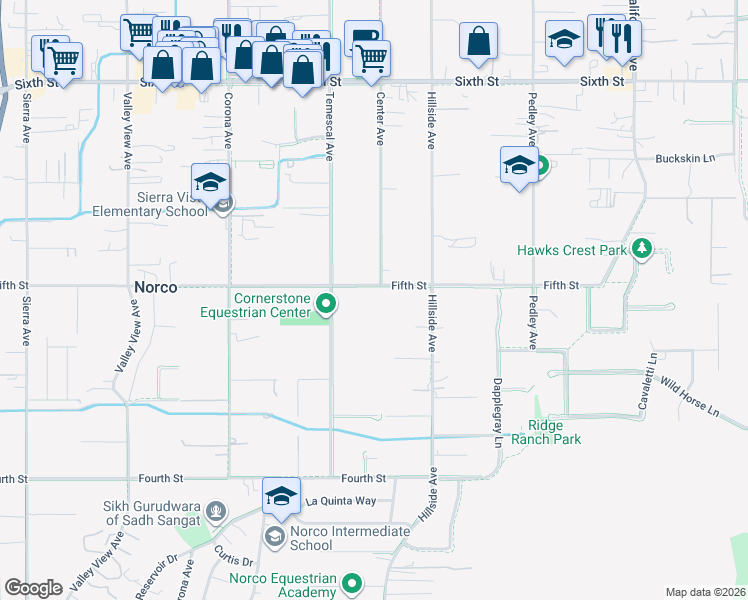 map of restaurants, bars, coffee shops, grocery stores, and more near Unnamed Road in Norco