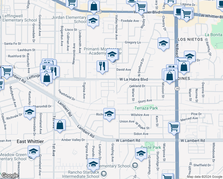 map of restaurants, bars, coffee shops, grocery stores, and more near 16607 Pear Blossom Court in Whittier