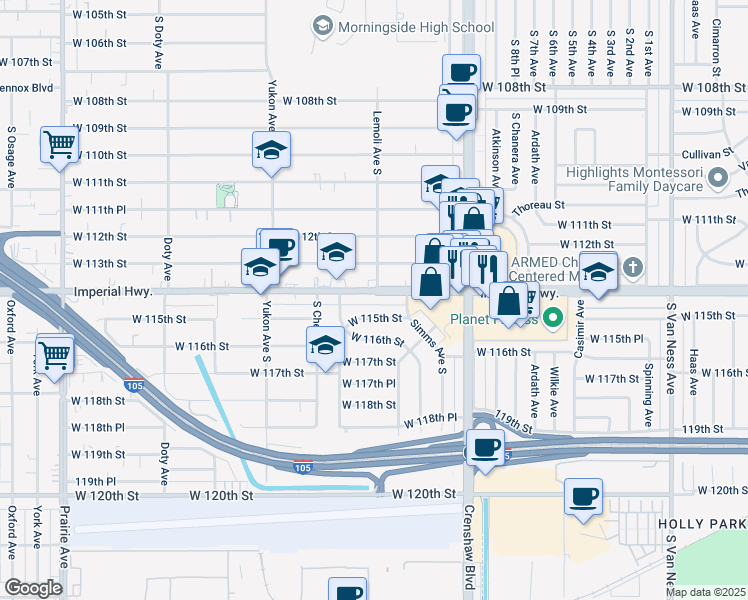 map of restaurants, bars, coffee shops, grocery stores, and more near 3328 West 115th Street in Inglewood
