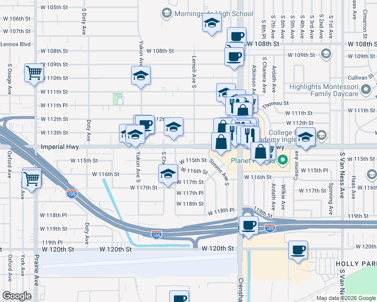 map of restaurants, bars, coffee shops, grocery stores, and more near 3340 West Imperial Highway in Inglewood