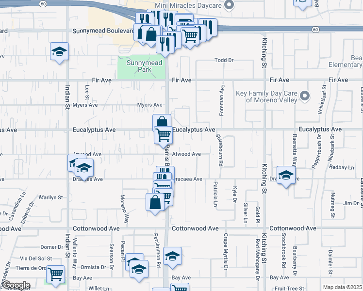 map of restaurants, bars, coffee shops, grocery stores, and more near 25084 Atwood Avenue in Moreno Valley