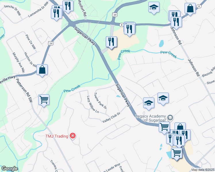 map of restaurants, bars, coffee shops, grocery stores, and more near 57 Towne Park Drive in Lawrenceville