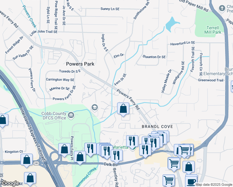 map of restaurants, bars, coffee shops, grocery stores, and more near 883 Cedar Canyon Square in Marietta
