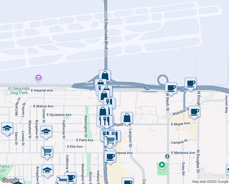 map of restaurants, bars, coffee shops, grocery stores, and more near 1700 Imperial Highway in El Segundo