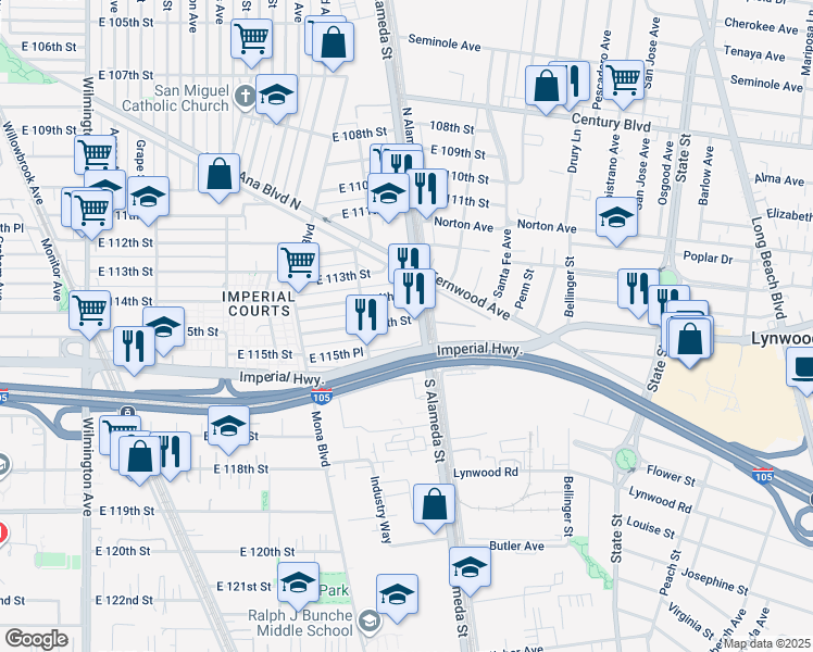 map of restaurants, bars, coffee shops, grocery stores, and more near 2538 East 115th Street in Los Angeles