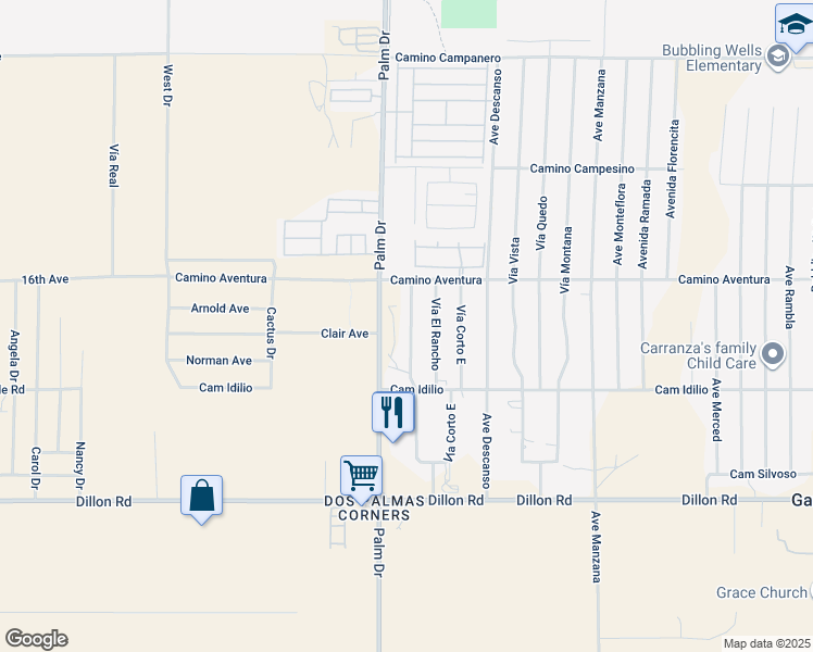 map of restaurants, bars, coffee shops, grocery stores, and more near Palm Drive in Desert Hot Springs
