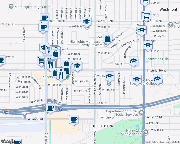 map of restaurants, bars, coffee shops, grocery stores, and more near 2224 West Imperial Highway in Hawthorne
