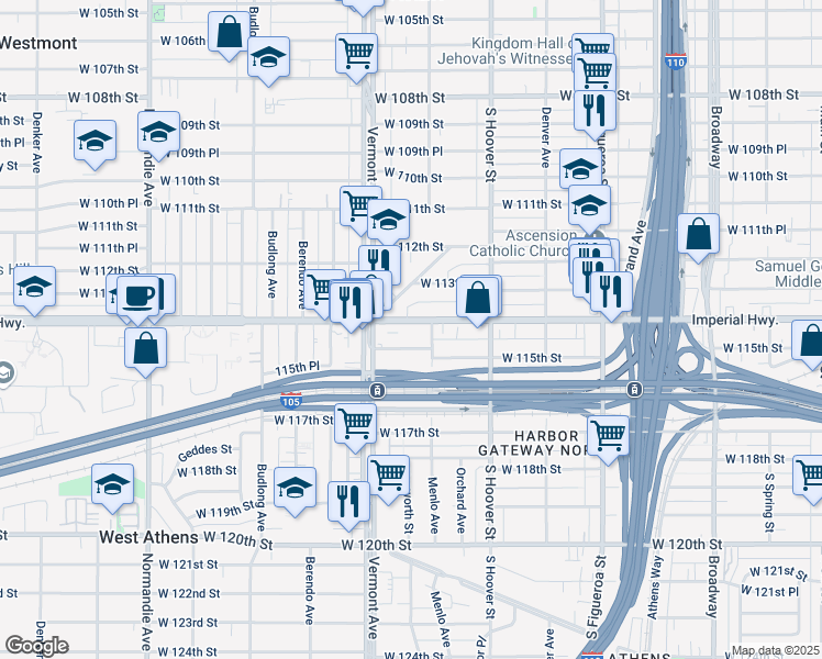 map of restaurants, bars, coffee shops, grocery stores, and more near 820 West Imperial Highway in Los Angeles