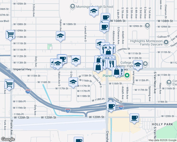 map of restaurants, bars, coffee shops, grocery stores, and more near 3316 West Imperial Highway in Inglewood