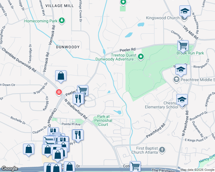 map of restaurants, bars, coffee shops, grocery stores, and more near 4553 Village Oaks Way in Dunwoody