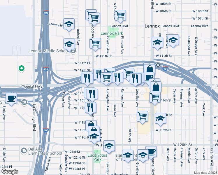map of restaurants, bars, coffee shops, grocery stores, and more near 11506 Eucalyptus Avenue in Hawthorne