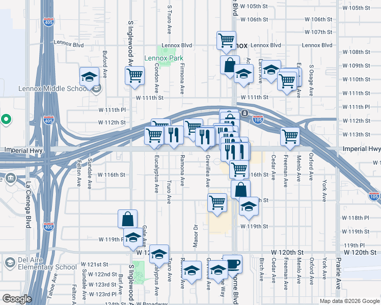 map of restaurants, bars, coffee shops, grocery stores, and more near 4555 West 115th Street in Hawthorne