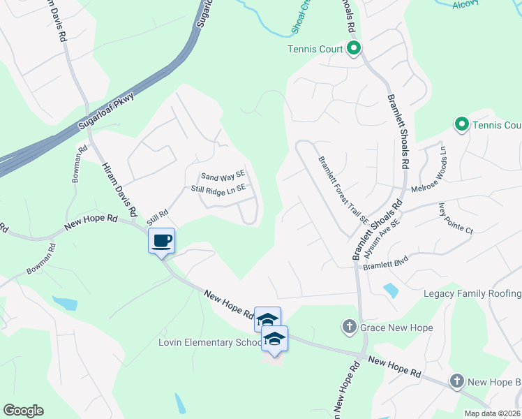 map of restaurants, bars, coffee shops, grocery stores, and more near 727 Sand Lane Southeast in Lawrenceville