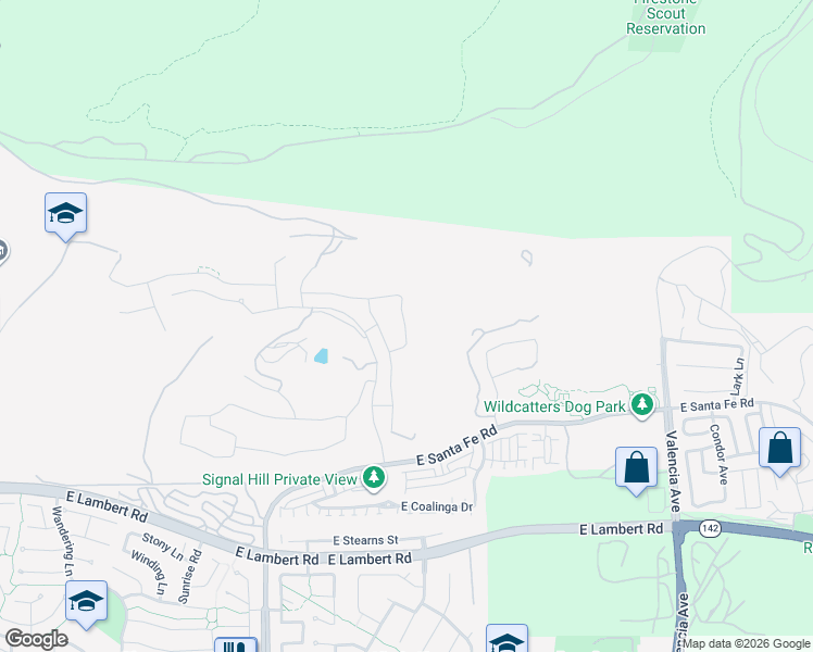 map of restaurants, bars, coffee shops, grocery stores, and more near Pico Canyon Lane in Brea