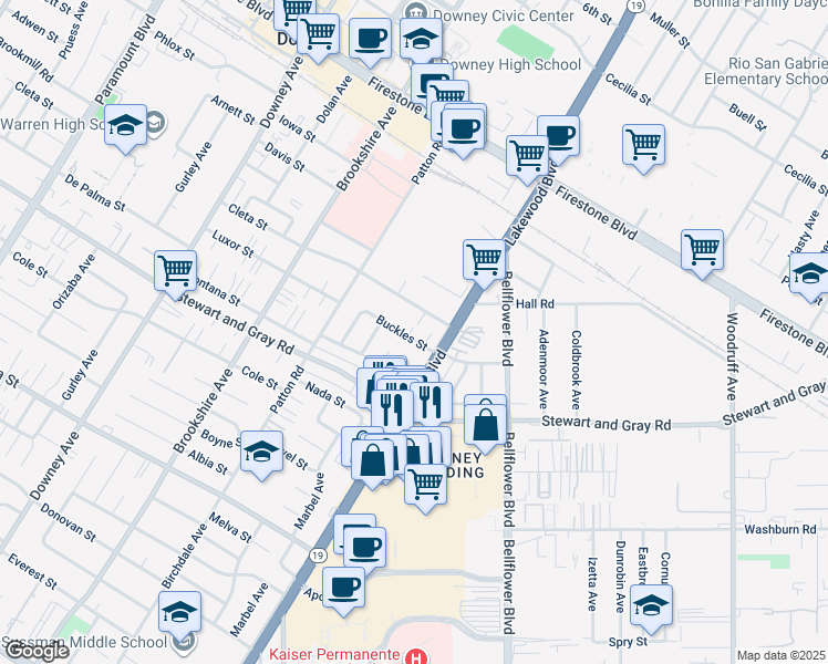 map of restaurants, bars, coffee shops, grocery stores, and more near 11807 Deming Avenue in Downey