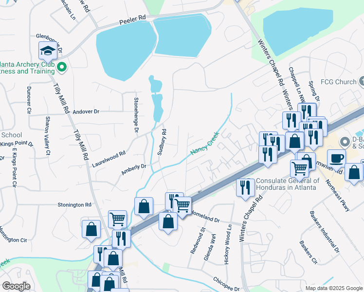 map of restaurants, bars, coffee shops, grocery stores, and more near 4579 Amberly Court South in Atlanta