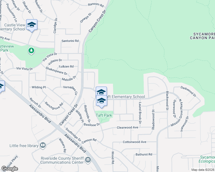 map of restaurants, bars, coffee shops, grocery stores, and more near 6600 New Ridge Drive in Riverside