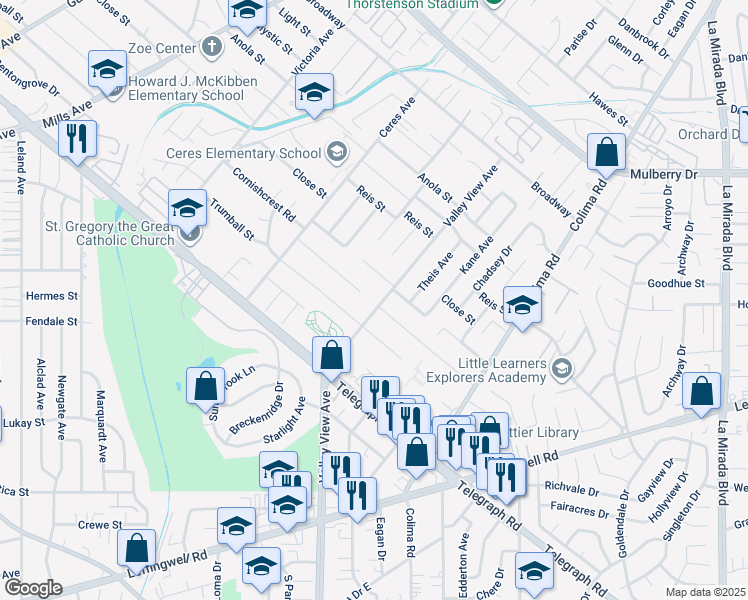 map of restaurants, bars, coffee shops, grocery stores, and more near 11111 Valley View Avenue in Whittier