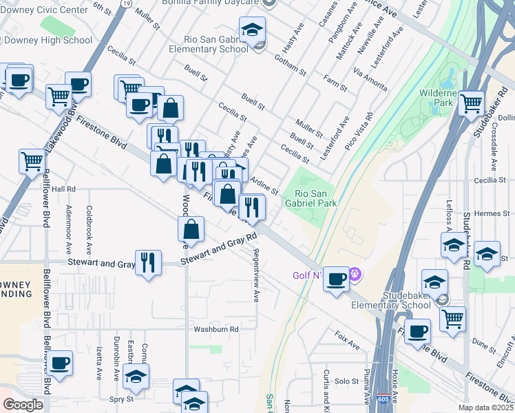 map of restaurants, bars, coffee shops, grocery stores, and more near 9550 Firestone Boulevard in Downey