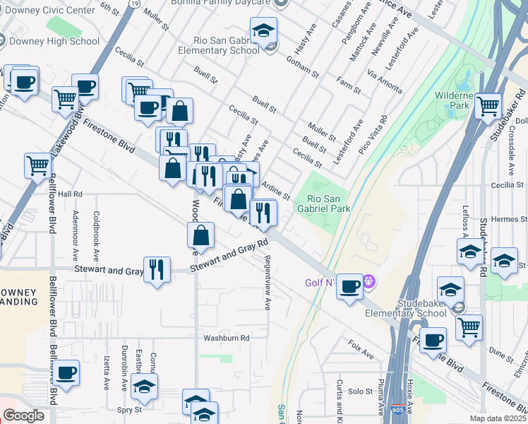 map of restaurants, bars, coffee shops, grocery stores, and more near 9550 Firestone Boulevard in Downey