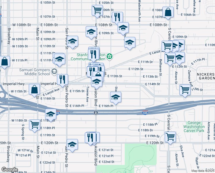 map of restaurants, bars, coffee shops, grocery stores, and more near 664 East 115th Street in Los Angeles