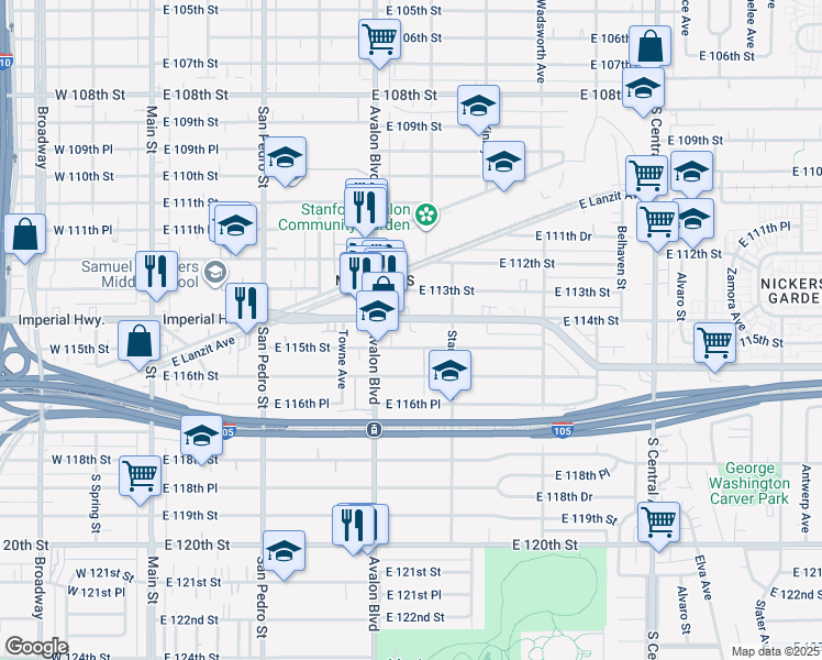 map of restaurants, bars, coffee shops, grocery stores, and more near 616 East 115th Street in Los Angeles