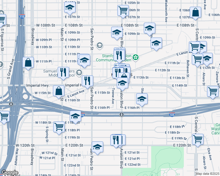map of restaurants, bars, coffee shops, grocery stores, and more near 358 East 115th Street in Los Angeles
