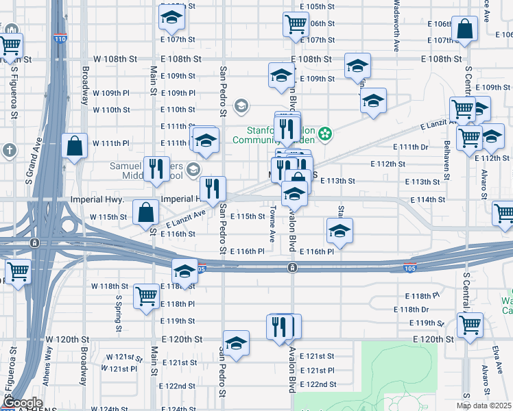 map of restaurants, bars, coffee shops, grocery stores, and more near 358 East 115th Street in Los Angeles